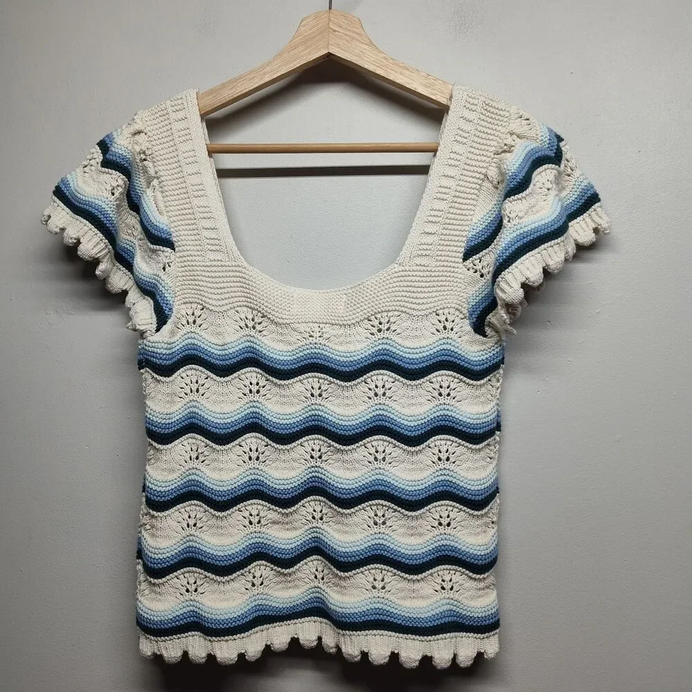 Crochet Top Women L Cream Blue Stripes Short Sleeve Spring Beachy Boho Casual - Picture 5 of 7